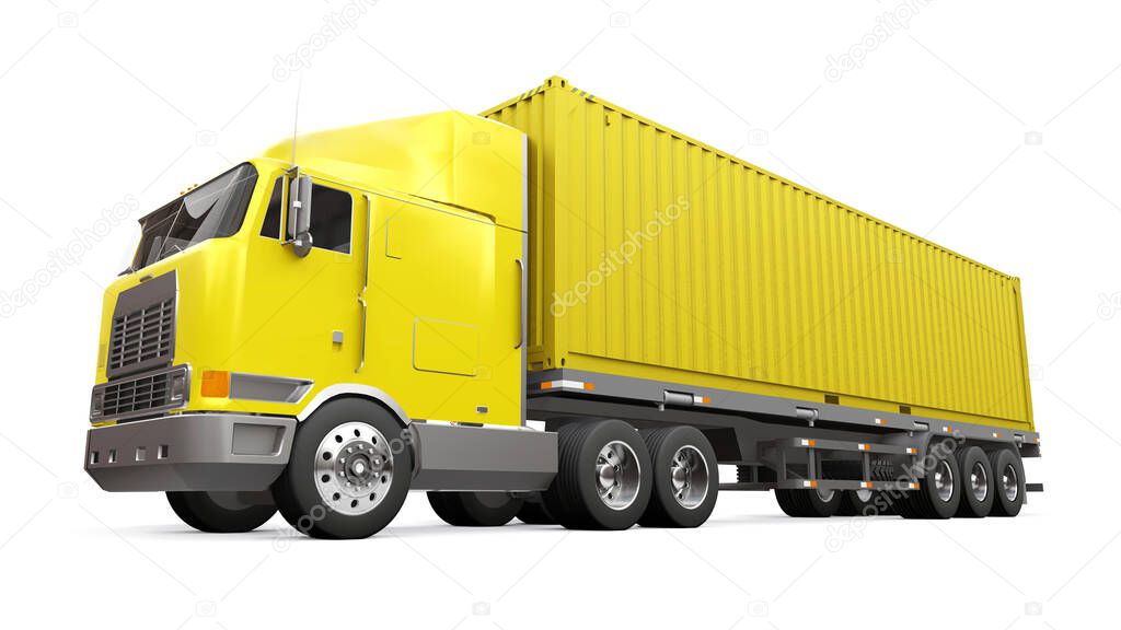 A large retro yellow truck with a sleeping part and an aerodynamic extension carries a trailer with a sea container. 3d rendering