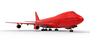 Uzun okyanus ötesi uçuşlar için büyük kapasiteli yolcu uçakları. Beyaz arka planda kırmızı uçak. 3d illüstrasyon