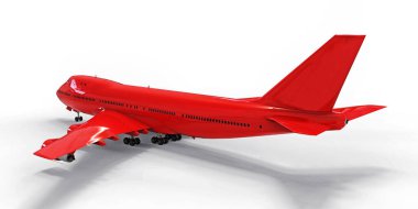 Uzun okyanus ötesi uçuşlar için büyük kapasiteli yolcu uçakları. Beyaz arka planda kırmızı uçak. 3d illüstrasyon