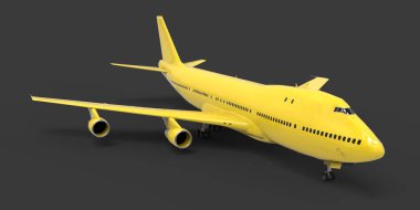 Uzun okyanus ötesi uçuşlar için büyük kapasiteli yolcu uçakları. Gri izole arka planda sarı bir uçak. 3d illüstrasyon