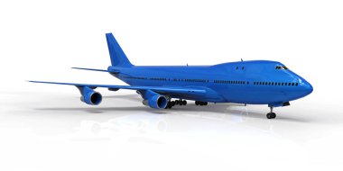 Uzun okyanus ötesi uçuşlar için büyük kapasiteli yolcu uçakları. Beyaz izole edilmiş arka planda mavi uçak. 3d illüstrasyon