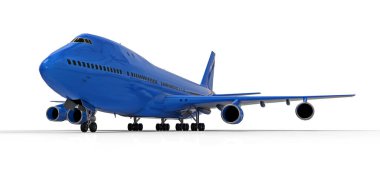 Uzun okyanus ötesi uçuşlar için büyük kapasiteli yolcu uçakları. Beyaz izole edilmiş arka planda mavi uçak. 3d illüstrasyon