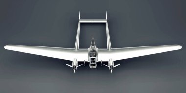 İkinci Dünya Savaşı bombardıman uçağının üç boyutlu modeli. Parlak alüminyum gövdeli, iki kuyruklu ve geniş kanatlı. Turbopervane motoru. Gri arka planda parlak bir uçak. 3d illüstrasyon
