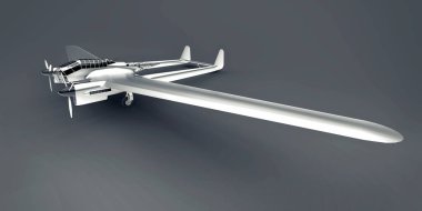 İkinci Dünya Savaşı bombardıman uçağının üç boyutlu modeli. Parlak alüminyum gövdeli, iki kuyruklu ve geniş kanatlı. Turbopervane motoru. Gri arka planda parlak bir uçak. 3d illüstrasyon
