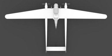 İkinci Dünya Savaşı bombardıman uçağının üç boyutlu modeli. İki kuyruklu ve geniş kanatlı bir vücut. Turbopervane motoru. Gri arka planda uçak çizilmiş. 3d illüstrasyon
