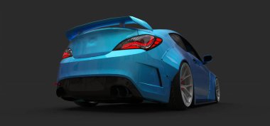 Gri arka planda mavi, küçük spor araba coupe. 3d oluşturma