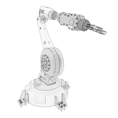 Bir fabrikada veya üretimdeki her iş için robot kolu. Karmaşık görevler için mekanik ekipman. 3d illüstrasyon