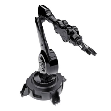 Fabrikada ya da üretimdeki her iş için robotik siyah kol. Karmaşık görevler için mekanik ekipman. 3d illüstrasyon