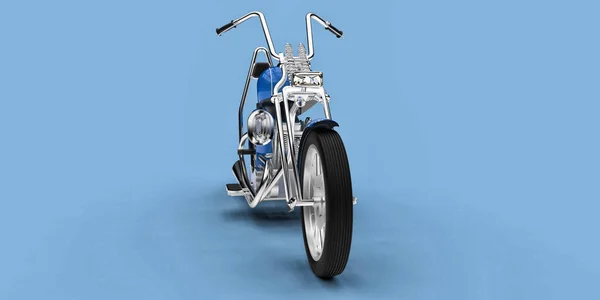Blue Klasické Vlastní Motocykl Izolované Světle Modrém Pozadí Vykreslování — Stock fotografie