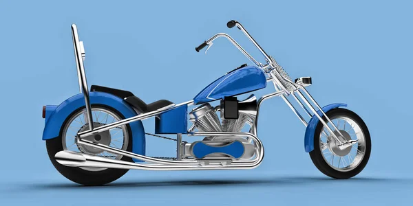 Motocicleta Personalizada Clássica Azul Isolada Fundo Azul Claro Renderização — Fotografia de Stock