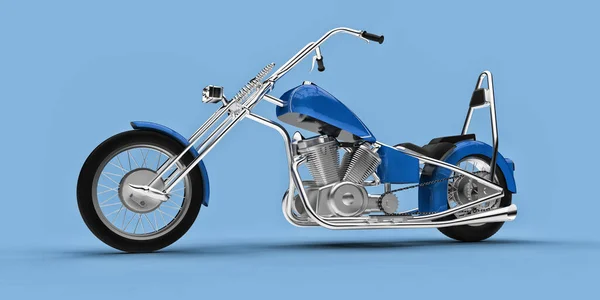 Motocicleta Personalizada Clássica Azul Isolada Fundo Azul Claro Renderização — Fotografia de Stock