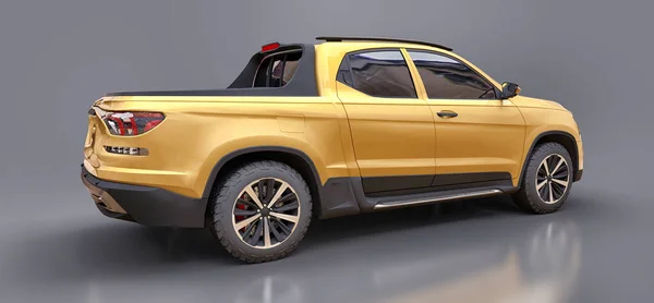 3D illustration of yellow concept cargo pickup truck on grey isolated background. 3d rendering