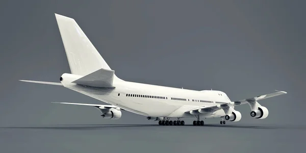 用于跨大西洋长途飞行的载客量大的大型客机 灰色背景下的白色飞机 3D说明 — 图库照片
