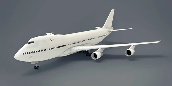 長い大西洋横断飛行のための大容量の大型旅客機 灰色の隔離された背景に白い飛行機 3Dイラスト — ストック写真