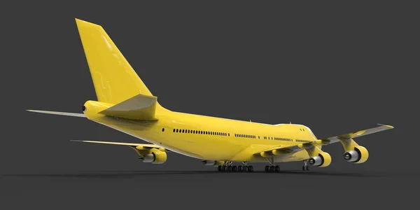用于跨大西洋长途飞行的载客量大的大型客机 灰色背景下的黄色飞机 3D说明 — 图库照片