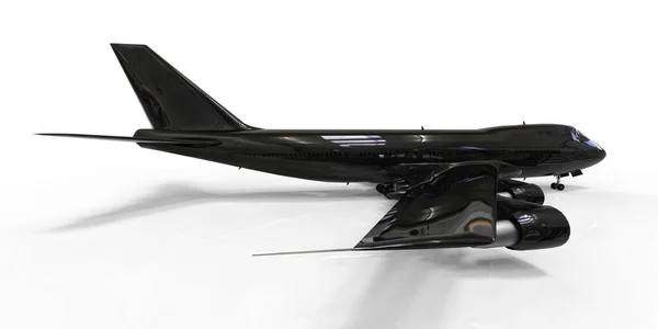 長い大西洋横断飛行のための大容量の大型旅客機 白い隔離された背景に黒い飛行機 3Dイラスト — ストック写真