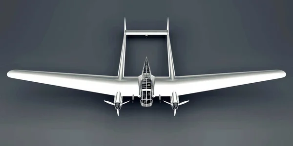 第二次世界大戦の爆撃機の3次元モデル 2つの尾と広い翼を持つ光沢のあるアルミニウム製のボディ ターボプロップエンジン 灰色の背景に光沢のある飛行機 3Dイラスト — ストック写真