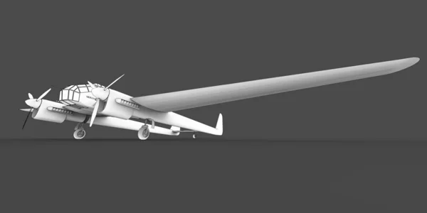 二战时期轰炸机的三维模型 两尾宽翅膀的身体 涡轮螺旋桨发动机 在灰色背景上画的飞机 3D说明 — 图库照片