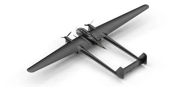 二战时期轰炸机的三维模型 有两个尾翼和宽翅膀的新铝躯体 涡轮螺旋桨发动机 白色背景上的新黑色飞机 3D说明 — 图库照片