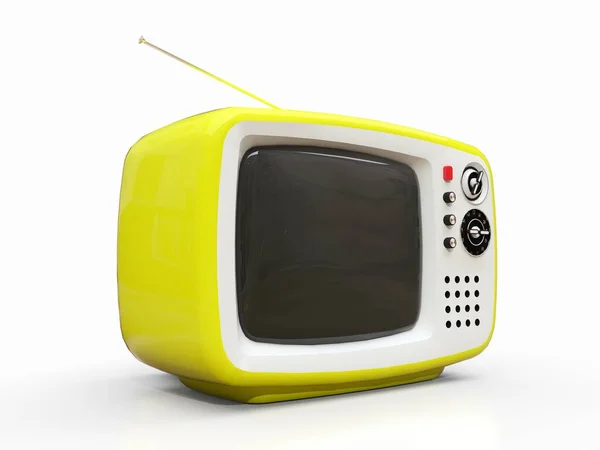 可爱的黄色电视机 白色背景上有天线 3D说明 — 图库照片