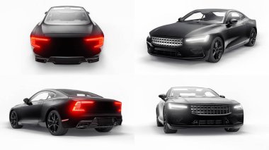 3 boyutlu illüstrasyon. Konsept araba spor premium coupe 'u ayarlayın. Eklenti hibrit. Çevre dostu ulaşım teknolojileri. Beyaz arka planda bir araba. 3d oluşturma.