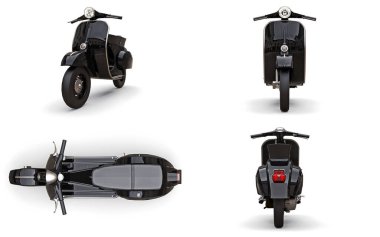 Siyah scooter 'ı beyaz arka plana ayarla. 3d illüstrasyon.