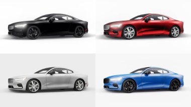 3 boyutlu illüstrasyon. Konsept araba spor premium coupe 'u ayarlayın. Eklenti hibrit. Çevre dostu ulaşım teknolojileri. Beyaz arka planda bir araba. 3d oluşturma.