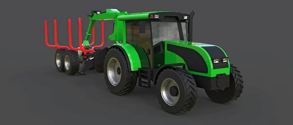 Tractor Verde Con Remolque Para Tala Sobre Fondo Gris Renderizado —  Fotos de Stock