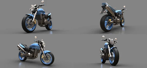 Ilustração Motocicleta Dois Lugares Esporte Urbano Azul Fundo Cinza Renderização — Fotografia de Stock