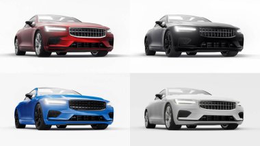 3 boyutlu illüstrasyon. Konsept araba spor premium coupe 'u ayarlayın. Eklenti hibrit. Çevre dostu ulaşım teknolojileri. Beyaz arka planda bir araba. 3d oluşturma.