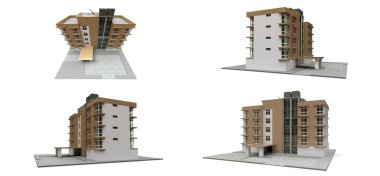 3 boyutlu illüstrasyon. Asansörü ve garajı olan küçük beyaz ve bej bir daire. 3d oluşturma