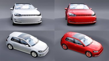 3 boyutlu illüstrasyon. Araba hatchback 'i gri arka plana ayarla. 3d oluşturma