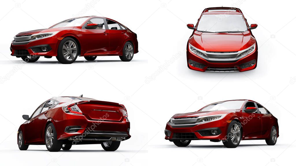 Set Red mid-size urban family sedan on a white uniform background. 3d rendering