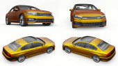 3D illusztráció. Brandless generikus narancssárga autó 3D-s renderelése fehér stúdió környezetben