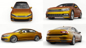 3D illusztráció. Brandless generikus narancssárga autó 3D-s renderelése fehér stúdió környezetben
