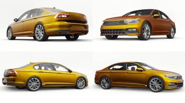 3 boyutlu illüstrasyon. Beyaz stüdyo ortamında markasız, turuncu bir arabanın 3 boyutlu çizimi.