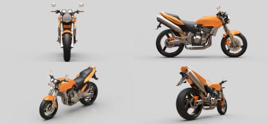 3 boyutlu illüstrasyon. Gri arka planda iki koltuklu turuncu şehir sporu motosikleti.