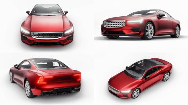 3 boyutlu illüstrasyon. Konsept spor premium coupe. Eklenti hibrit. Çevre dostu ulaşım teknolojileri. Beyaz arkaplanda kırmızı araba.