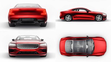 3 boyutlu illüstrasyon. Konsept spor premium coupe. Eklenti hibrit. Çevre dostu ulaşım teknolojileri. Beyaz arkaplanda kırmızı araba.