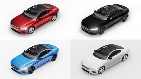 3Dイラスト コンセプトカースポーツプレミアムクーペをセットします プラグインハイブリッド 環境に優しい輸送技術 白い背景の車 3Dレンダリング — ストック写真