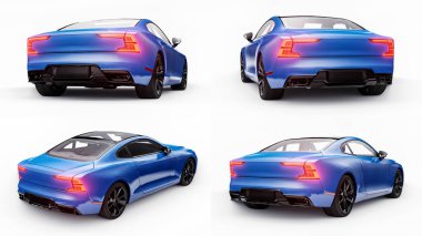 3 boyutlu illüstrasyon. Konsept spor premium coupe. Beyaz arka planda mavi araba. Eklenti hibrit. Çevre dostu ulaşım teknolojileri.
