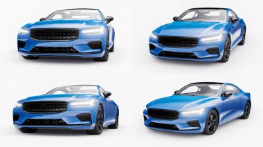 3 boyutlu illüstrasyon. Konsept spor premium coupe. Beyaz arka planda mavi araba. Eklenti hibrit. Çevre dostu ulaşım teknolojileri.