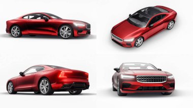 3 boyutlu illüstrasyon. Konsept spor premium coupe. Eklenti hibrit. Çevre dostu ulaşım teknolojileri. Beyaz arkaplanda kırmızı araba.