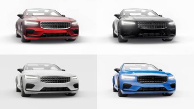 3 boyutlu illüstrasyon. Konsept araba spor premium coupe 'u ayarlayın. Eklenti hibrit. Çevre dostu ulaşım teknolojileri. Beyaz arka planda bir araba. 3d oluşturma