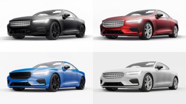 3 boyutlu illüstrasyon. Konsept araba spor premium coupe 'u ayarlayın. Eklenti hibrit. Çevre dostu ulaşım teknolojileri. Beyaz arka planda bir araba. 3d oluşturma