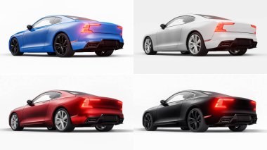 3 boyutlu illüstrasyon. Konsept araba spor premium coupe 'u ayarlayın. Eklenti hibrit. Çevre dostu ulaşım teknolojileri. Beyaz arka planda bir araba. 3d oluşturma