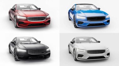 3 boyutlu illüstrasyon. Konsept araba spor premium coupe 'u ayarlayın. Eklenti hibrit. Çevre dostu ulaşım teknolojileri. Beyaz arka planda bir araba. 3d oluşturma