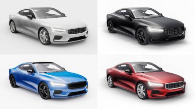 3 boyutlu illüstrasyon. Konsept araba spor premium coupe 'u ayarlayın. Eklenti hibrit. Çevre dostu ulaşım teknolojileri. Beyaz arka planda bir araba. 3d oluşturma