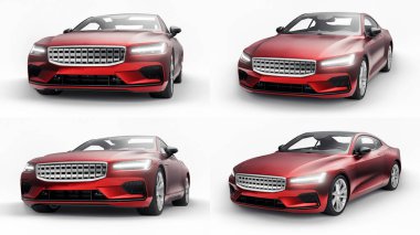 3 boyutlu illüstrasyon. Konsept spor premium coupe. Eklenti hibrit. Çevre dostu ulaşım teknolojileri. Beyaz arkaplanda kırmızı araba.