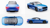 3D illusztráció. Koncepció autó sport prémium coupe. Kék autó fehér háttérrel. Bedugós hibrid. A környezetbarát közlekedés technológiái.